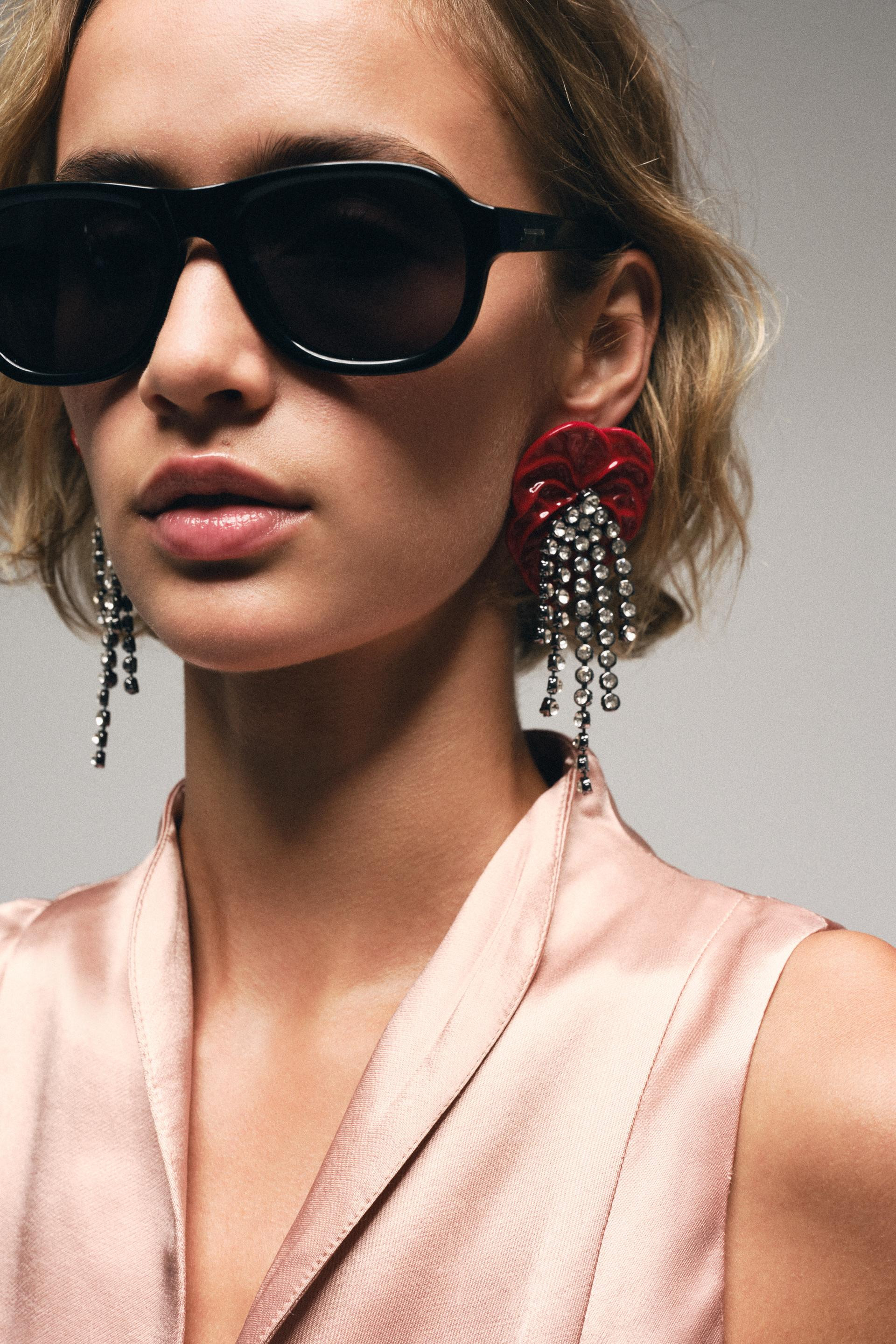 Zara - Sparkly Flower Earrings - Red - M - Woman | Zara US