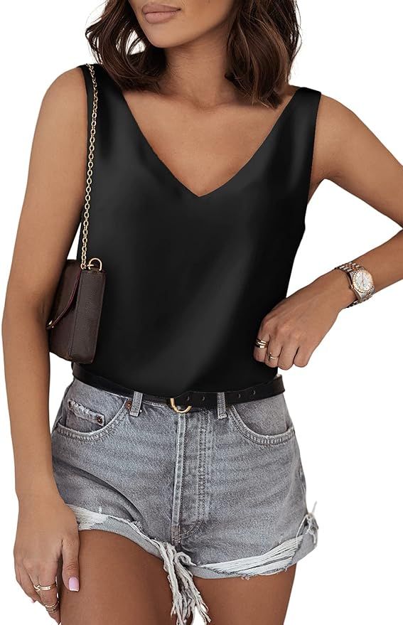 BLENCOT Tank Tops for Women V Neck Silk Summer Satin Sleeveless Blouse Basic Camisole Shirts S-XX... | Amazon (US)