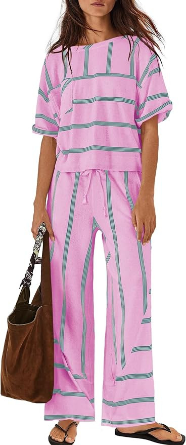Nirovien Womens Striped Lounge Set 2 Piece Vacation Sets Short Sleeve Tops and Wide Leg Pants Tra... | Amazon (US)