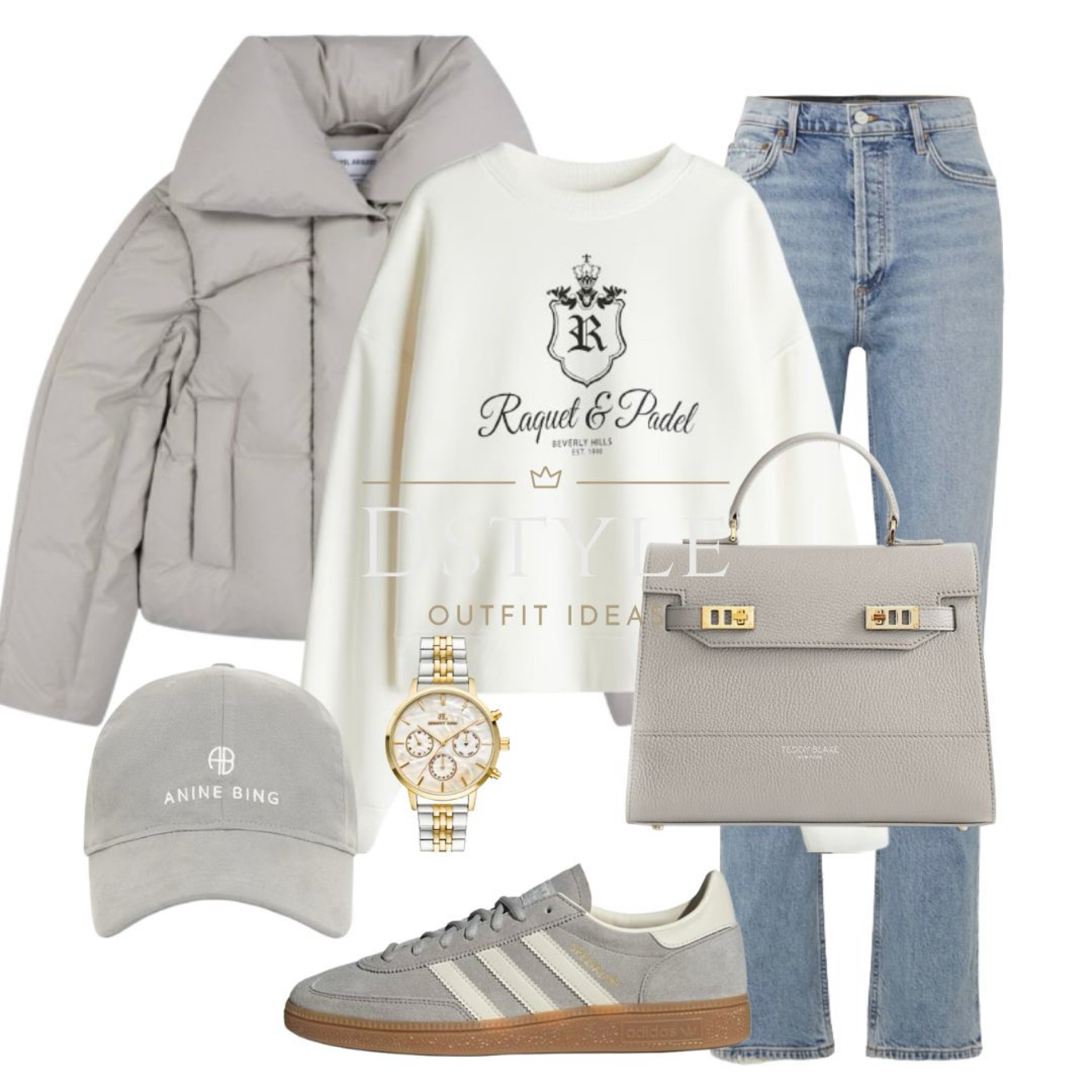 Grey puffer jacket, cream sweatshirt, jeans, grey cap, grey Adidas Spezial, light grey bag, Anine Bing
 

#LTKStyleTip #LTKShoeCrush #LTKItBag