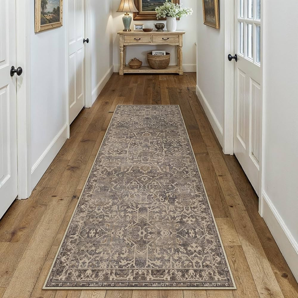 2x6 Runner Rug Hallway Retro Brown Machine Washable Vintage Floral Low Pile Carpet Vacuumable Dis... | Amazon (US)