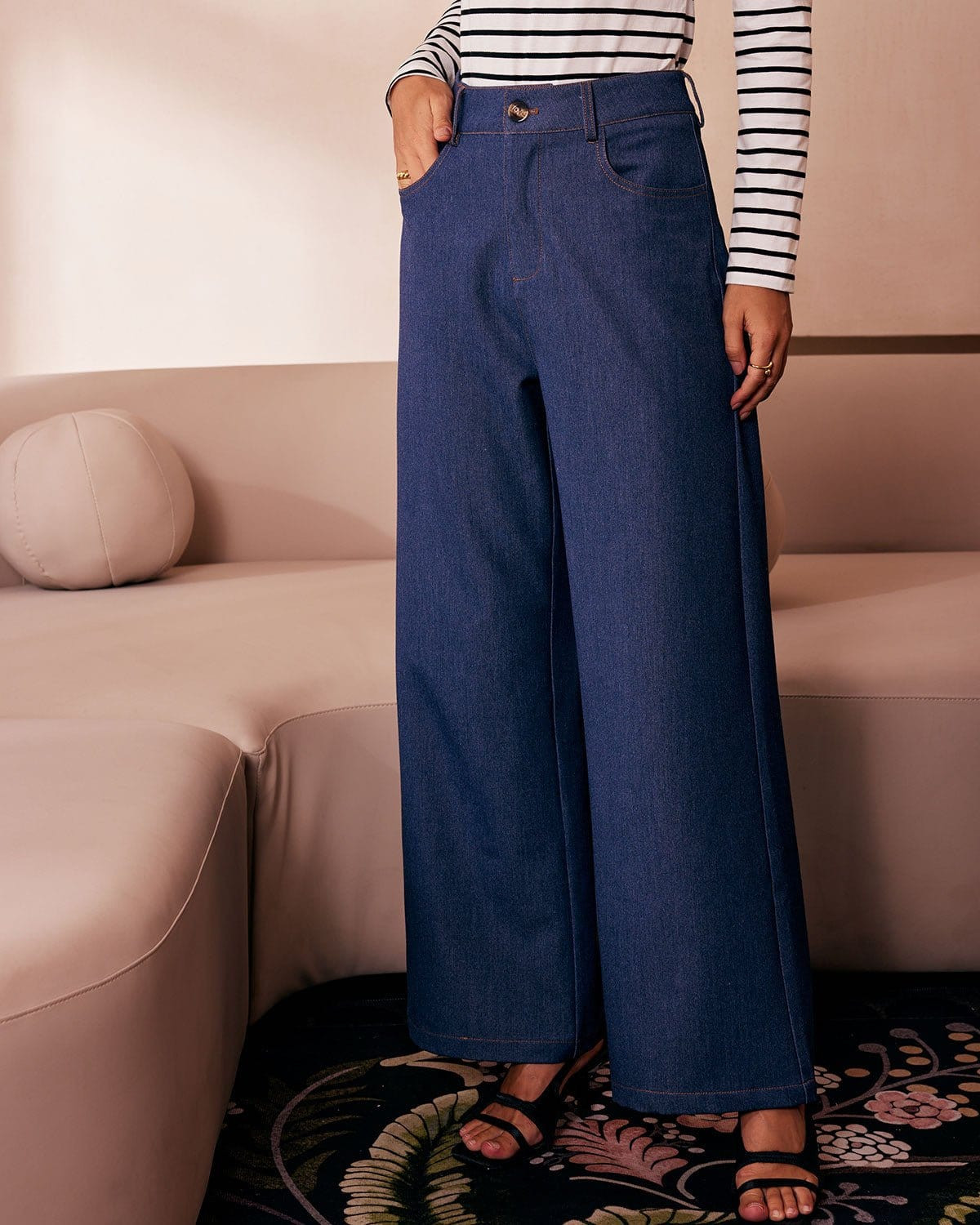 The Blue High Waisted Wide Leg Faux Jeans - Women's Blue Wide Leg High Waist Straitght Jean - Blu... | rihoas.com