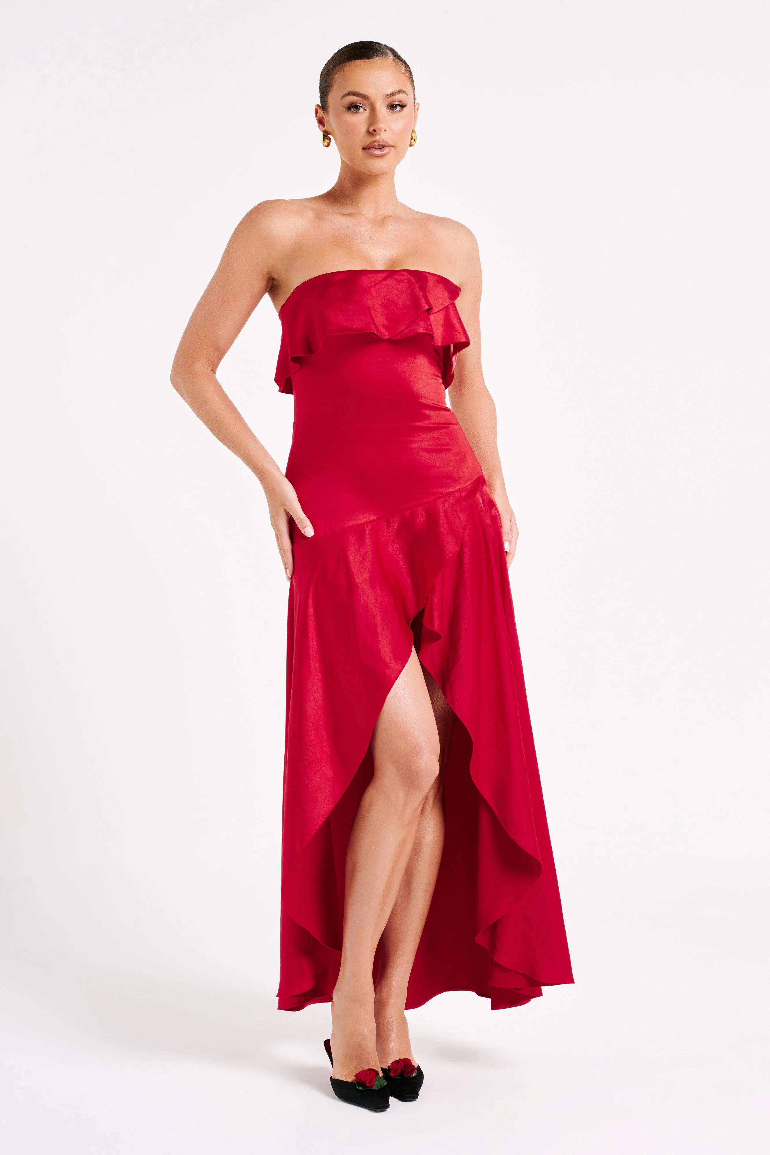Sulianna Strapless Ruffle Midi Dress - Vermilion Red | MESHKI US
