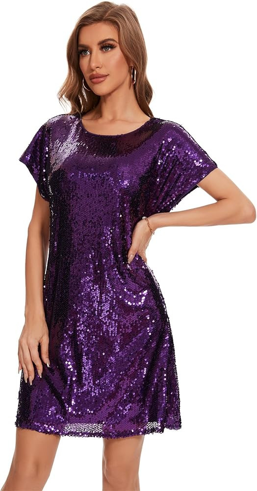 Women's Crewneck Sequin Shift Dress Short Sleeve Casual Holiday Sparkly Party Dress | Amazon (US)