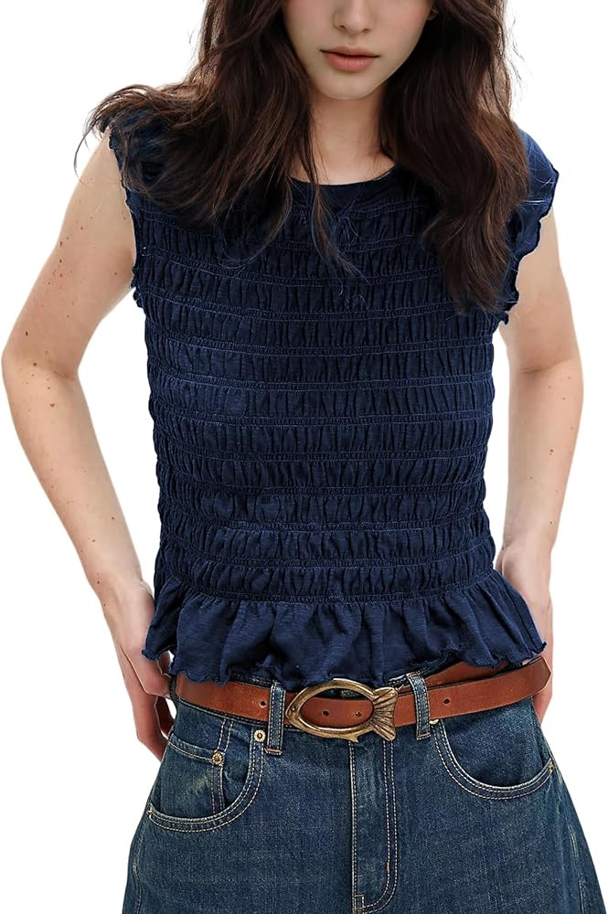 APAFES Womens Smocked Crop Tops Summer Peplum T-Shirts Cap Sleeve Crew Neck Workout Casual Tees | Amazon (US)