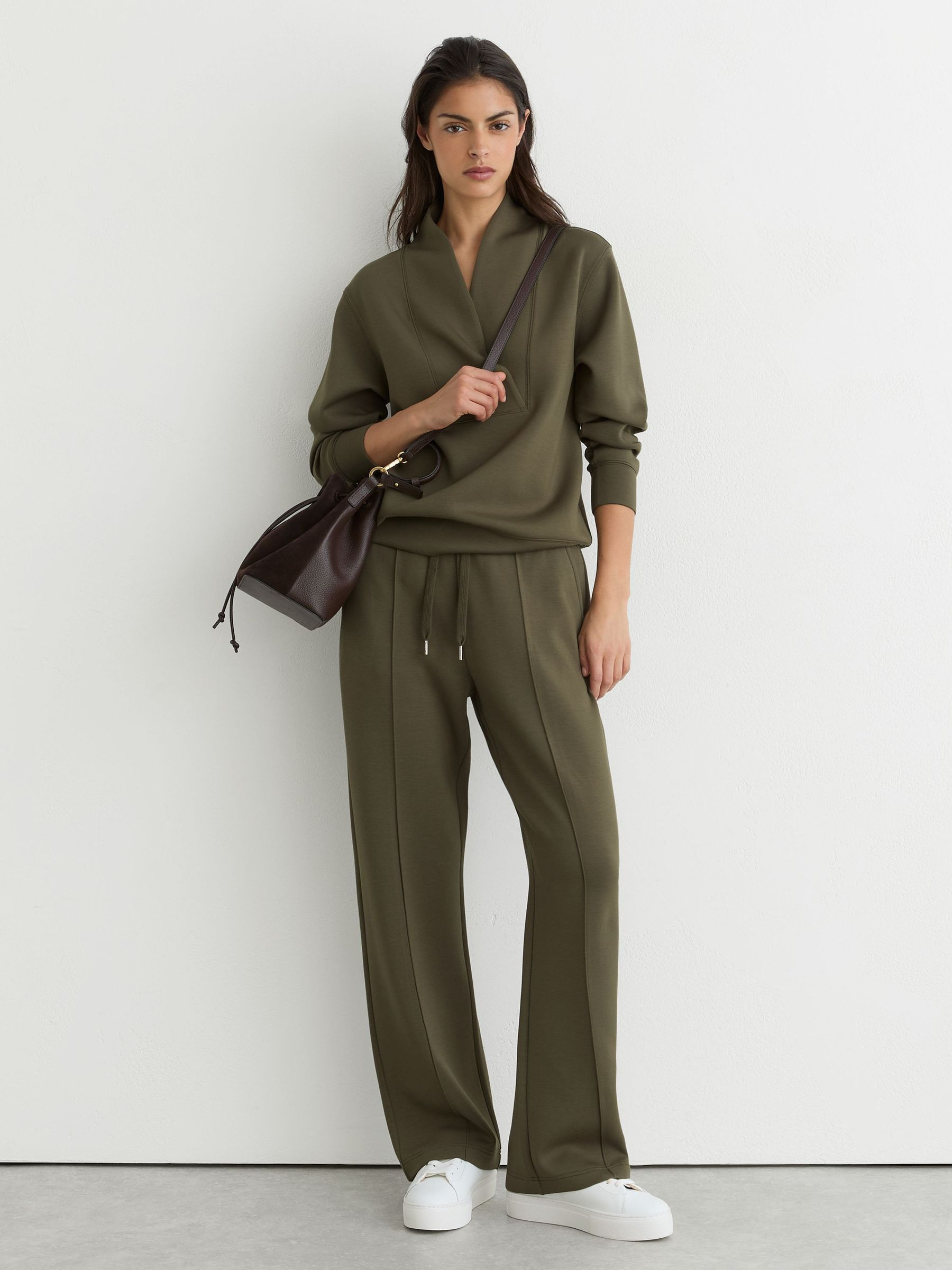 Reiss Premium Interlock Shawl-Neck Sweatshirt with Modal in Khaki Green - REISS | Reiss UK