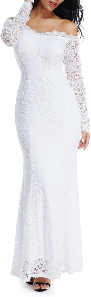 LALAGEN Women's Floral Lace Long Sleeve Off Shoulder Wedding Mermaid Dress | Amazon (US)