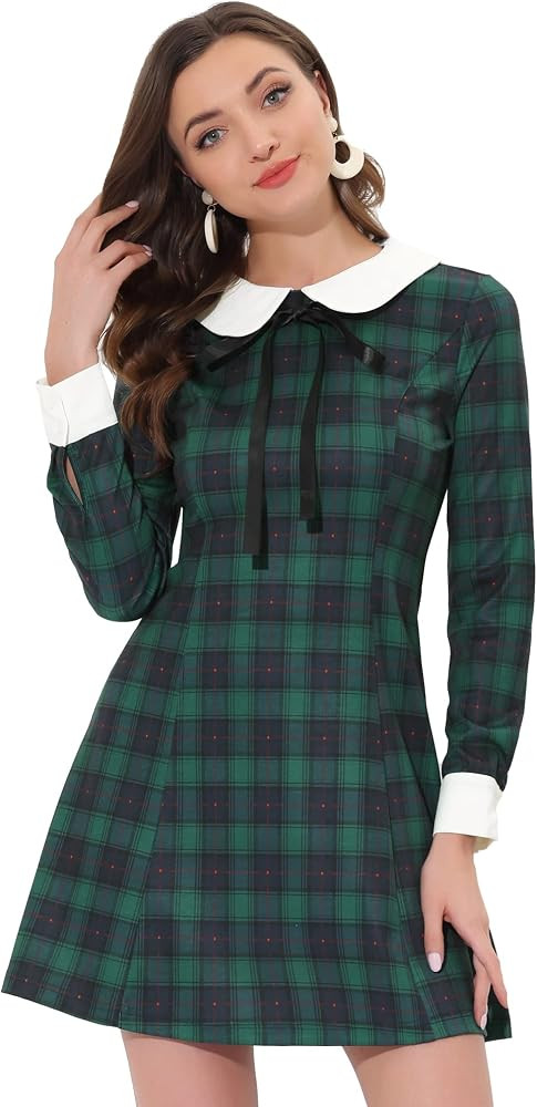 Allegra K Plaid Tartan Dress for Women's Fit and Flare Mini Peter Pan Collar Dress | Amazon (US)