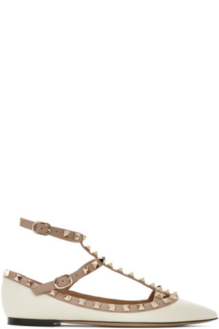White & Pink Valentino Garavani Rockstud Caged Ballerina Flats | SSENSE