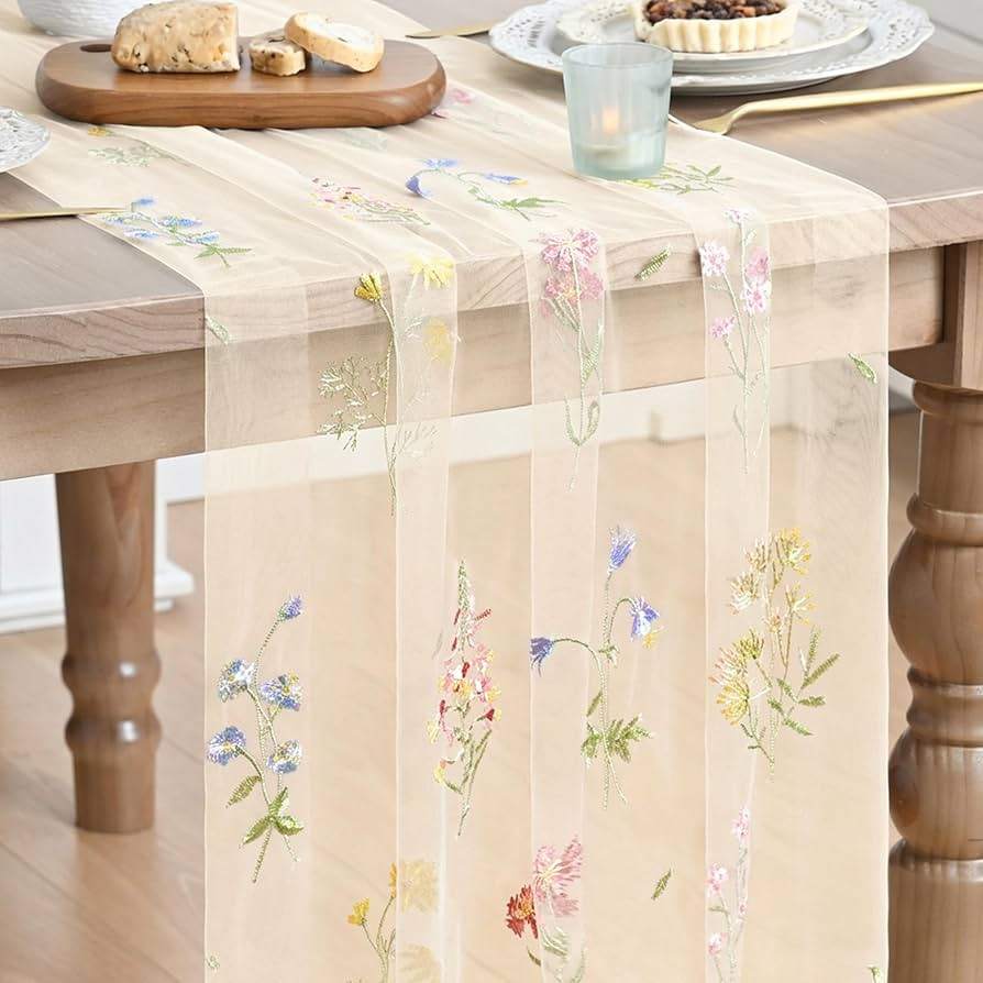 Artoid Mode Wildflower Floral Beige Apricot Gauze Embroidery Table Runner 120 Inch 10FT, Tulle Se... | Amazon (US)