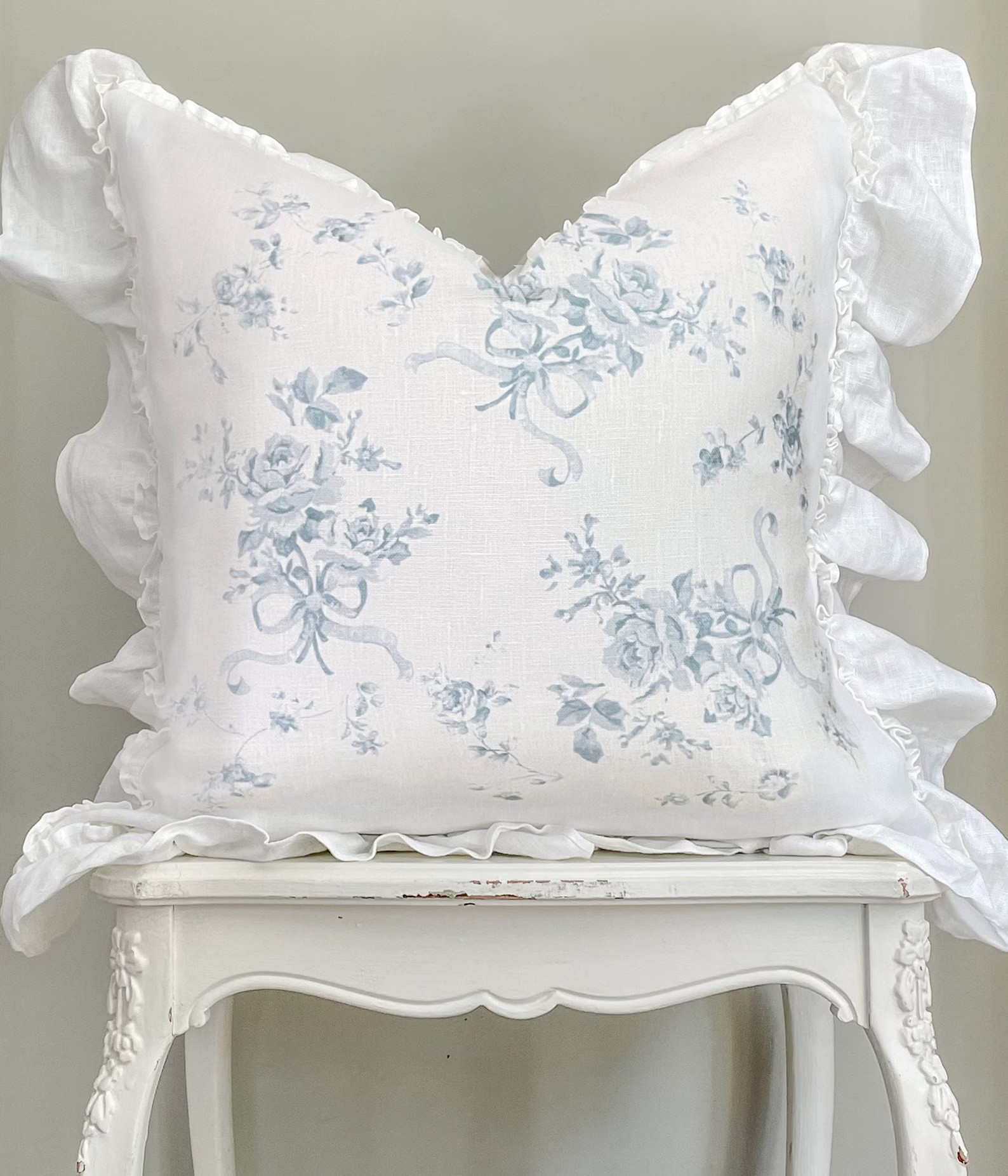 Bows and Roses Ruffle Pillow Cover, Shabby French Country Blue Linen Pillow, French Antiques, Cot... | Etsy (US)