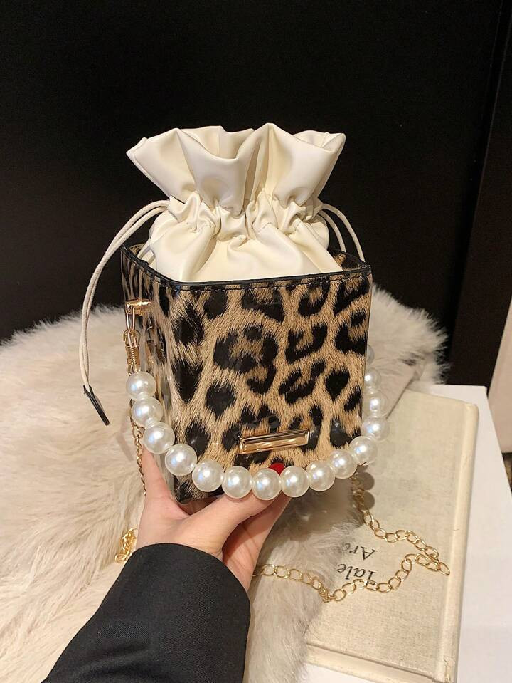 Mini Leopard Print Drawstring Box Chain Fashion Drawstring Closure Pearl Handbag | SHEIN