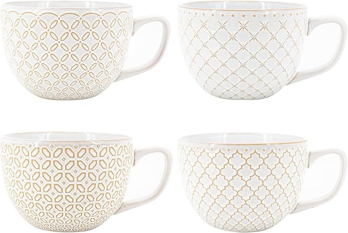 DOWAN 24oz Coffee Mug Set of 4, Large Soup Mugs, Vintage Embossed Mugs with Handle for Enjoying C... | Amazon (US)