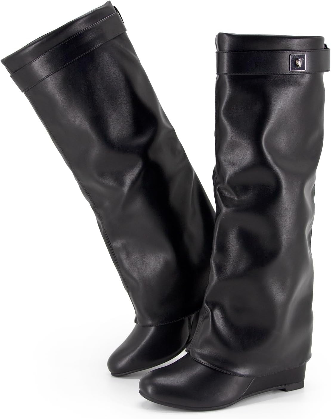 Fold Over Boots for Women Knee High Shark Boots Wedge Heel Flat Shoes | Amazon (US)