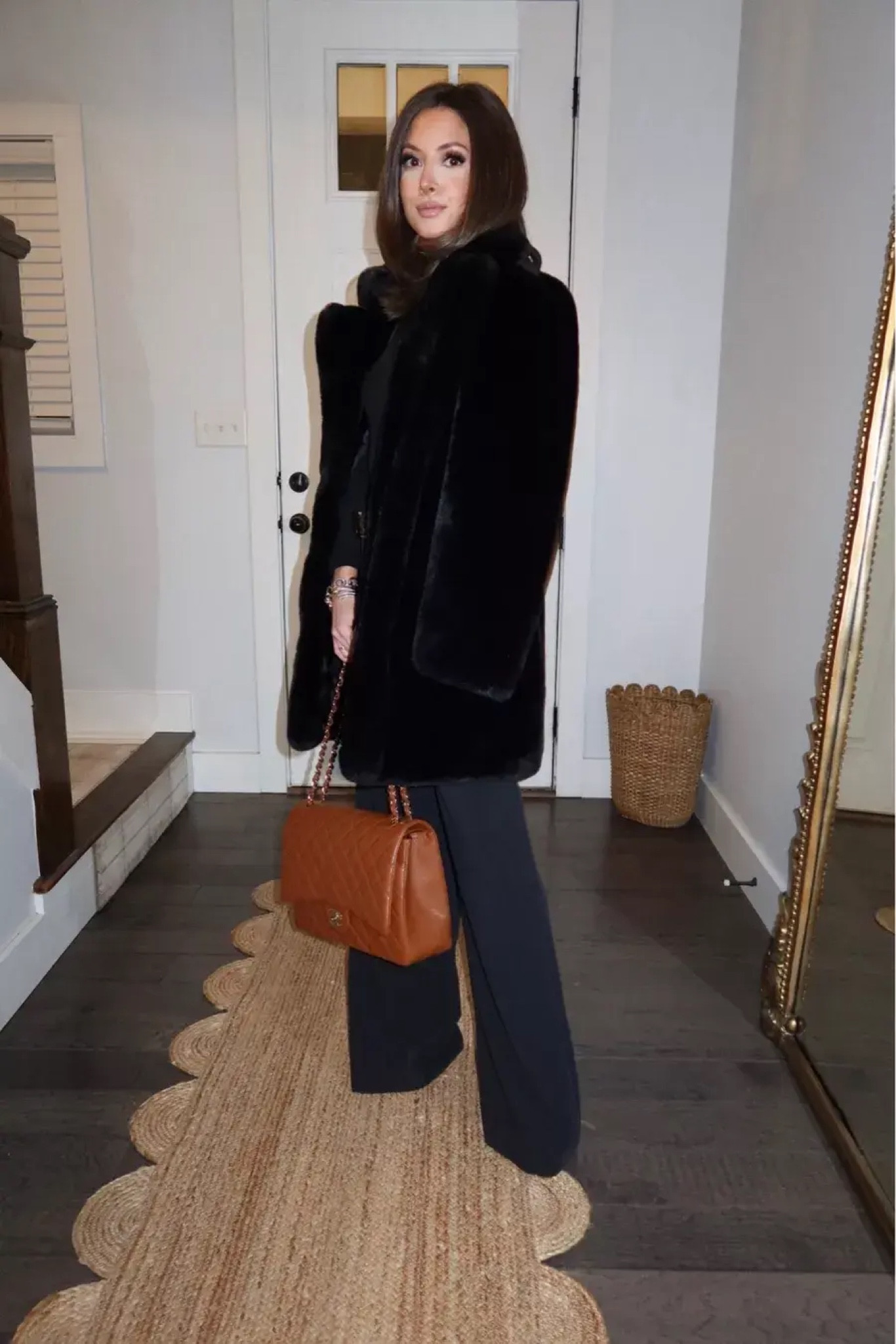 Apparis black faux fur coat (tts, xs) paired with slacks and heels for a glam date night look. Target long sleeve tee (tts, xs) abercrombie trouser (sized up one to 25 long) Jessica Simpson gold heels (tts)

#LTKworkwear #LTKfindsunder100 #LTKstyletip