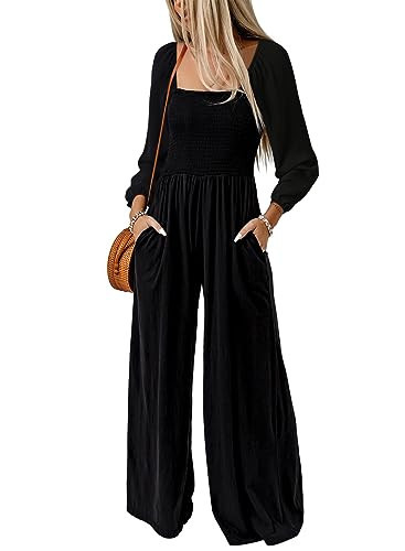Dokotoo Womens Overalls Black Jumpsuits for Women Casual Loose Fit Solid Color Wide Leg One Piece Long Sleeve Jumpsuit Long Pant Rompers with Pockets Medium | Amazon (US)