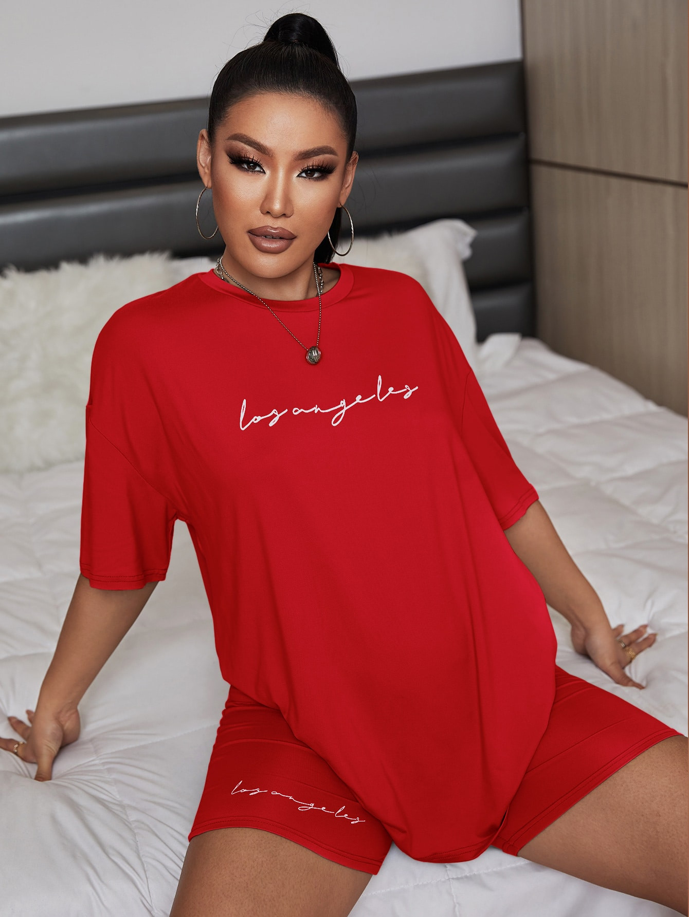 SHEIN SXY Letter Graphic Drop Shoulder Tee With Biker Shorts | SHEIN