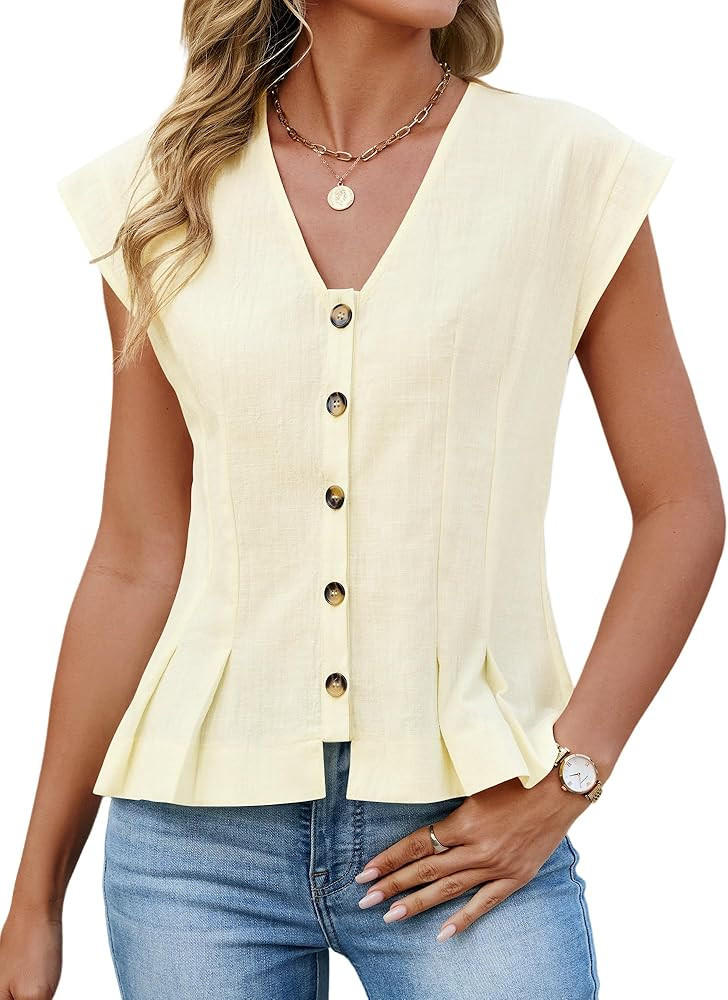 Womens V Neck Crop Tank Tops Cap Sleeve Spring Summer Blouse Button Down Shirts Going Out Vests T... | Amazon (US)