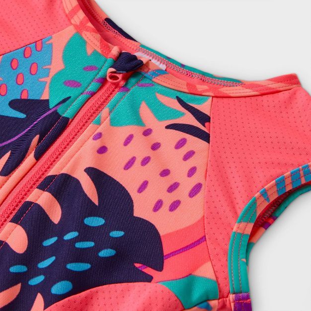 Toddler Girls' Leaf Print Zip-Front One Piece Swimsuit - Cat & Jack™ Pink | Target