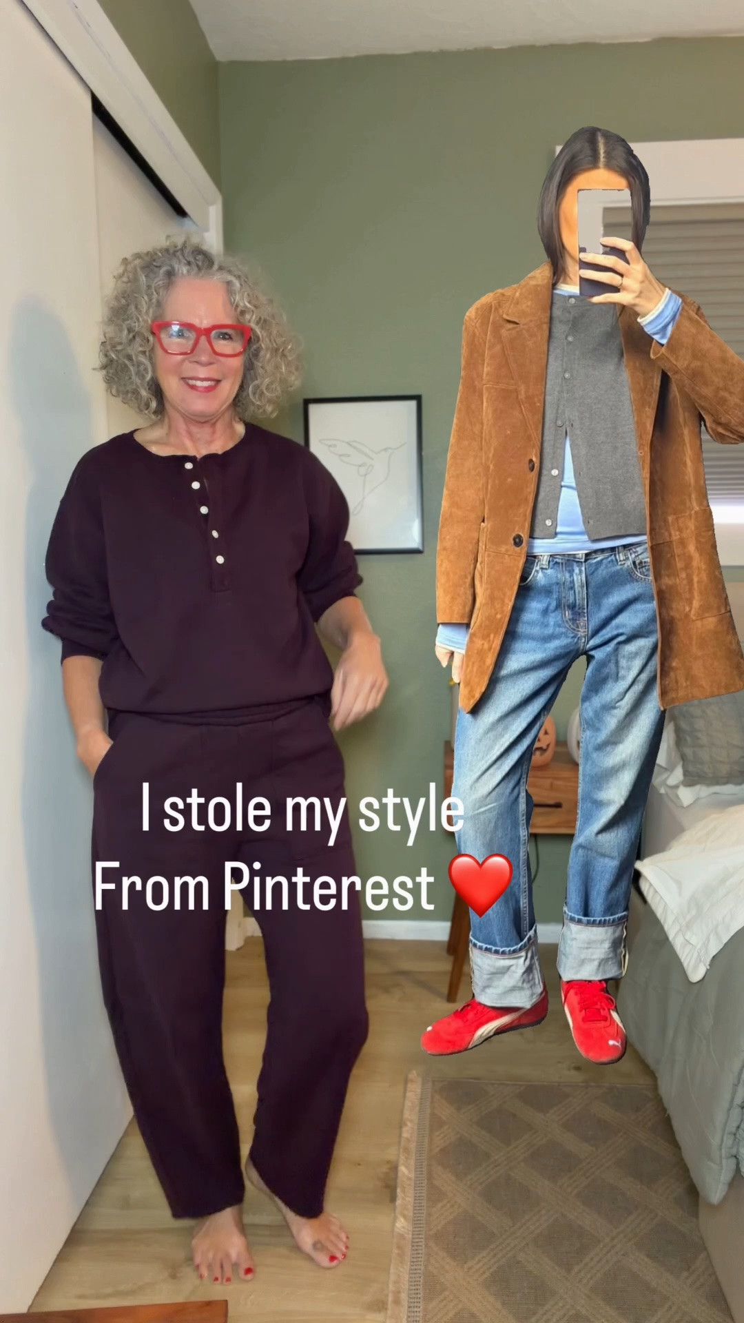 @Target sweatsuit small
@hm jeans size 4
@amazon green tee small
@Quince sweater small
@Quince bag
@adidas red sneakers tts
@puma red sneakers hers