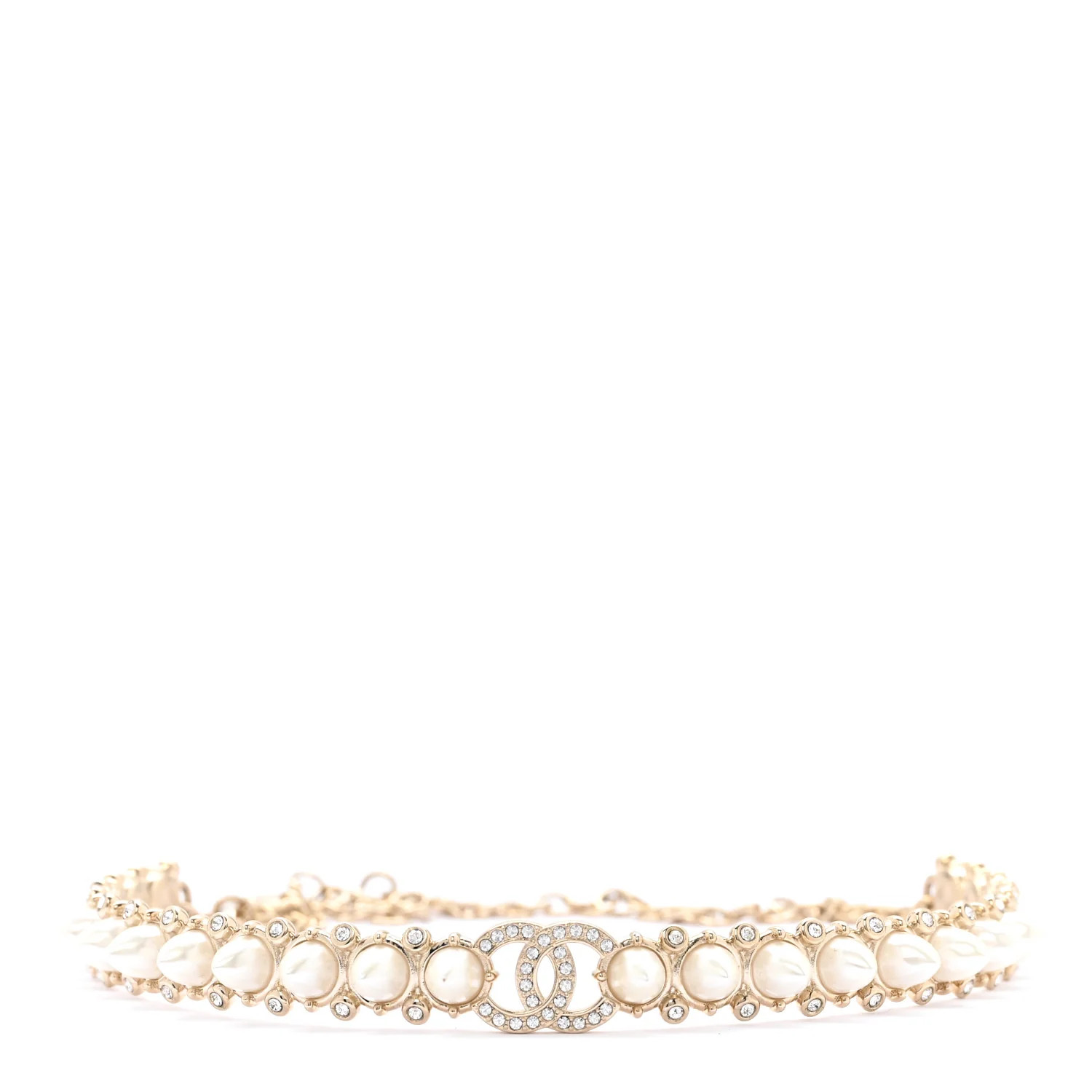 Strass Crystal Studded Pearl CC Choker Necklace Gold Pearly White | FASHIONPHILE (US)