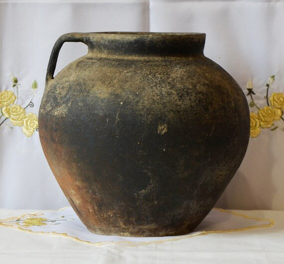 Old tall outdoor black bowl. Large antique black clay vessel. Wabi sabi pottery pot. | Etsy (US)