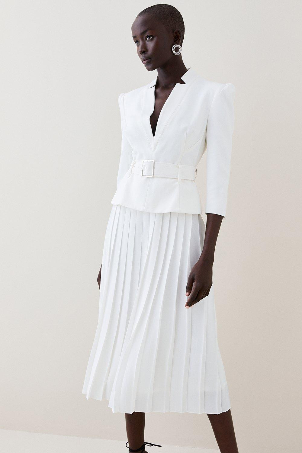 Structured Crepe Forever Pleated Midi Dress | Karen Millen UK + IE + DE + NL