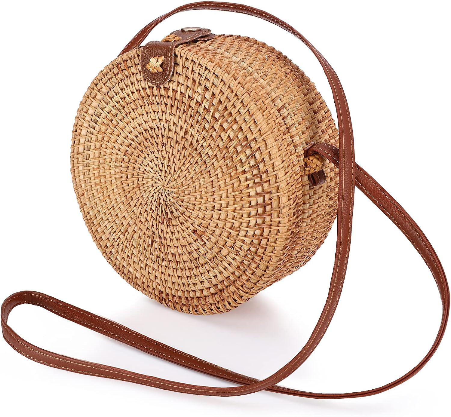 Anpress Handwoven Round Rattan Bag, Circle Straw Crossbody Bags with Shoulder Leather Straps Natu... | Amazon (CA)