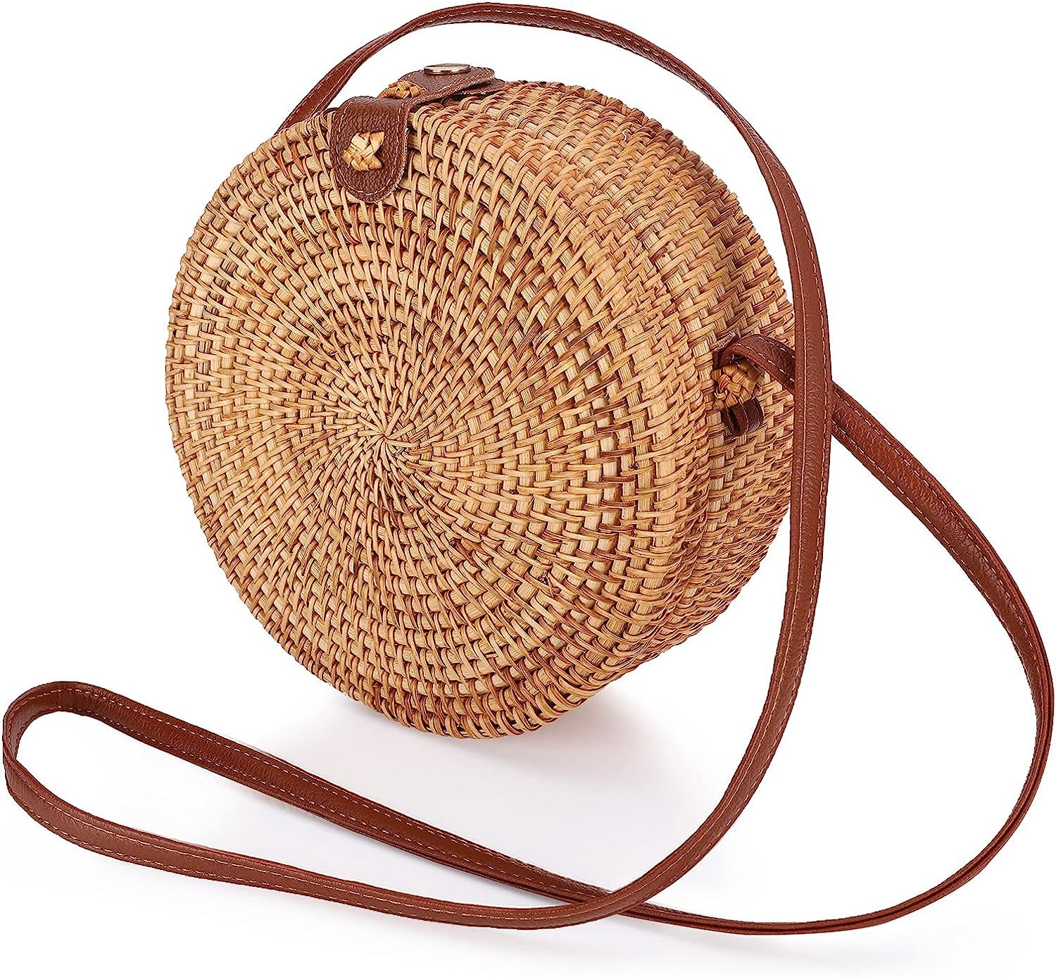 Anpress Handwoven Round Rattan Bag, Circle Straw Crossbody Bags with Shoulder Leather Straps Natu... | Amazon (CA)