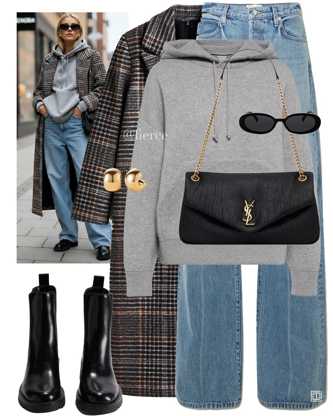Blue jeans checked coat Ysl black bag black ankle boots grey hooded jumper casual chic weekend look city break 

#LTKwinter #LTKuk #LTKeurope