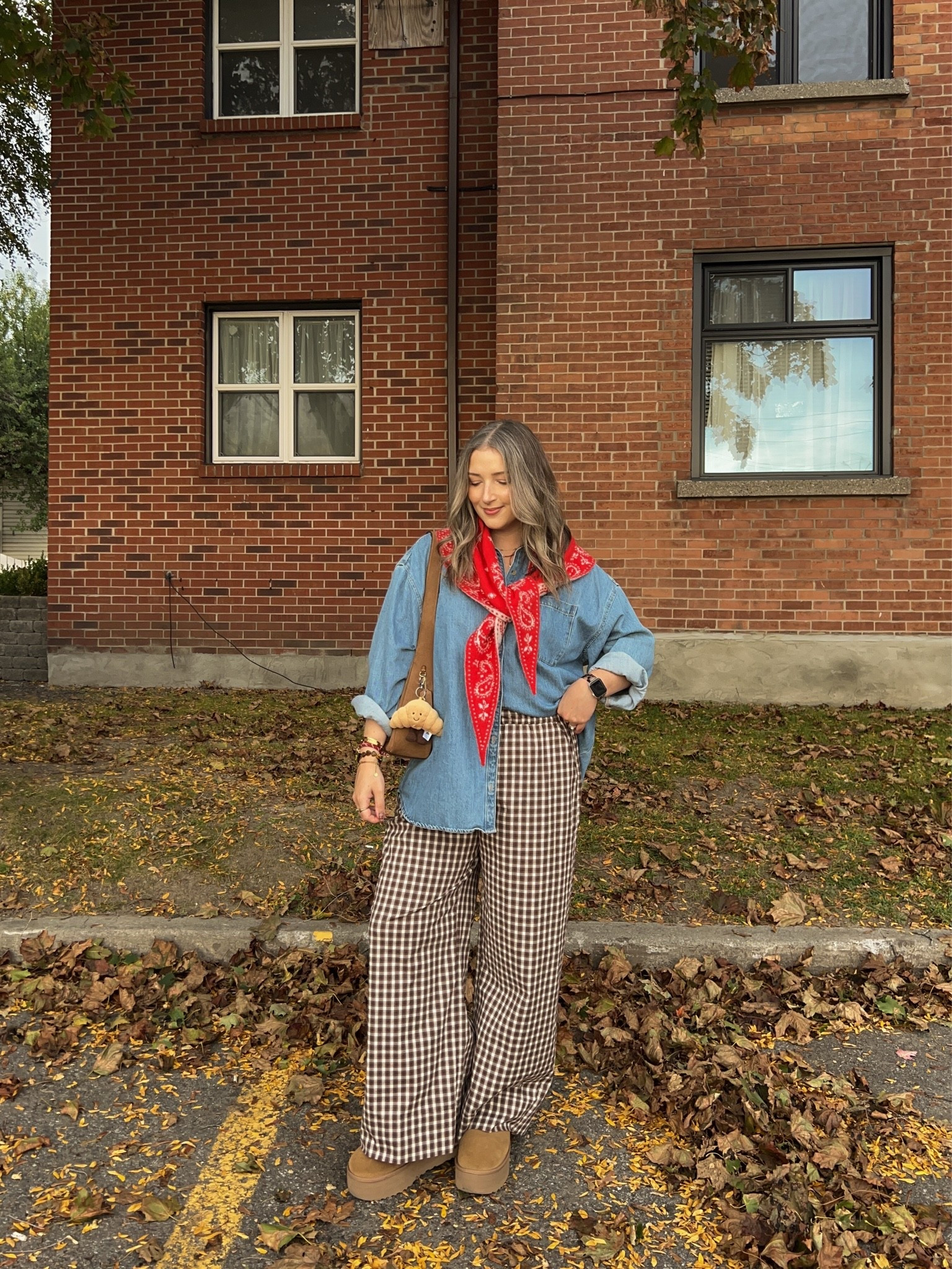 Casual fall outfit! Wearing size L in the denim shirt (Canadian link under “similar products”). Plaid pants are super comfy, I’m wearing M. I’m a 9.5-10 shoe and wear a 10 in the Uggs. My red bandana scarf is low stock, so I linked a bunch of similar options