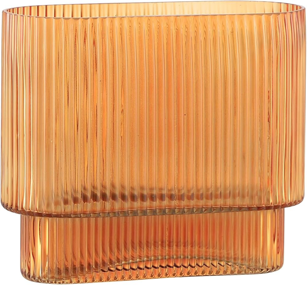 YANWE1 Ribbed Glass Vase, Amber Glass Vase, Flower Vase, Fluted Glass Vase, Ribbed Flower Vase, C... | Amazon (US)