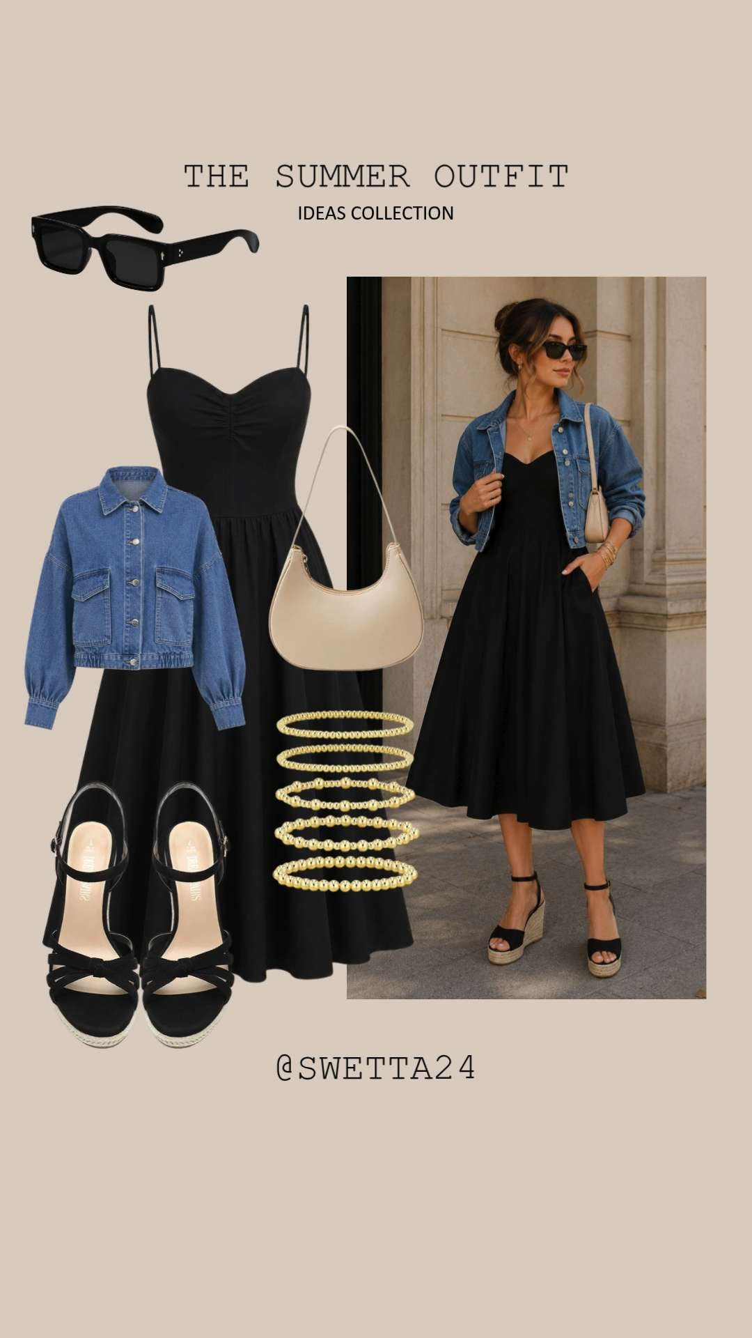 🖤 Denim jackets and black dresses are a forever favorite.

This look combines a classic black midi dress with a relaxed denim layer, neutral shoulder bag, espadrille wedges, and gold accessories for an outfit that feels effortlessly put together. Perfect for coffee dates, weekend outings, travel days, and everything in between.

Linked every piece in my collection. ✨ 

 #LTKvlog #LTKSeasonal #LTKTravel
