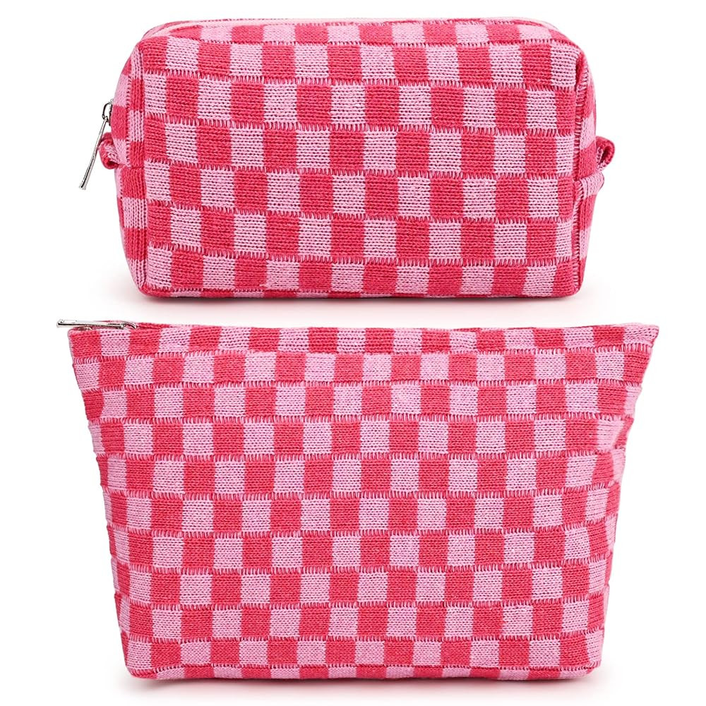 2 Pieces Makeup Bag Large Checkered Cosmetic Bag Capacity Canvas Mix Travel Toiletry Bag Organize... | Amazon (US)