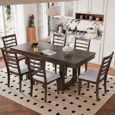 Farmhouse Extendable Dining Table Set for 6, 7 Pieces Wood Rectangle Dining Table with 6 Upholstered Chairs, Brown | Target