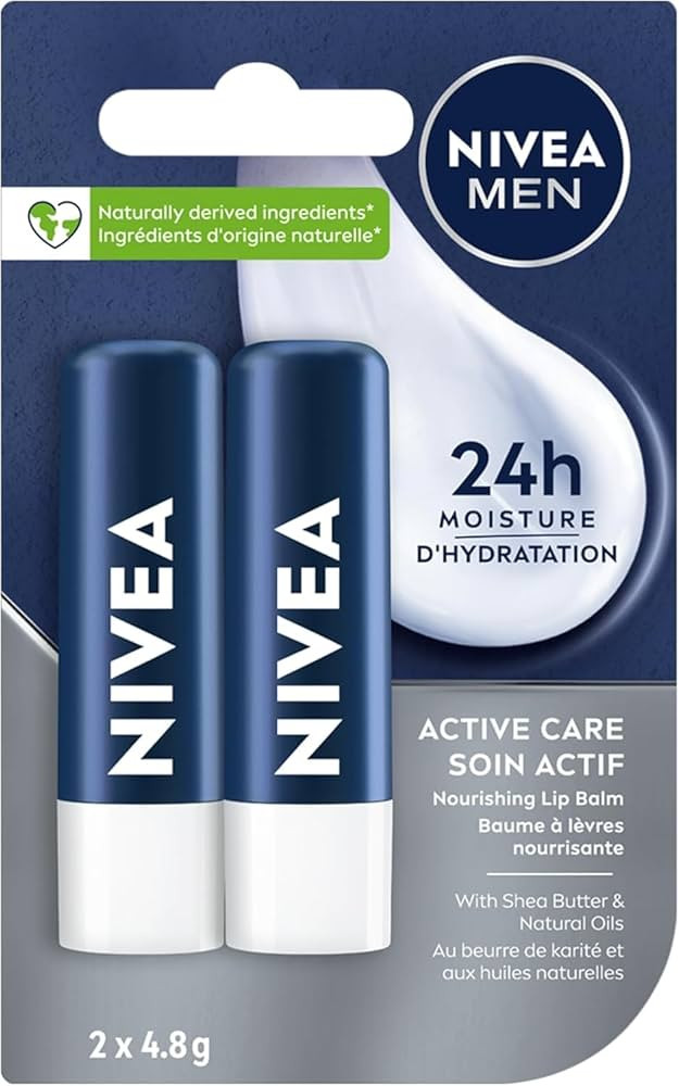 NIVEA MEN Active Lip Balm, (2 X 4.8g) | Made with Jojoba Oil & Shea Butter, 24H Hydration | Amazon (CA)