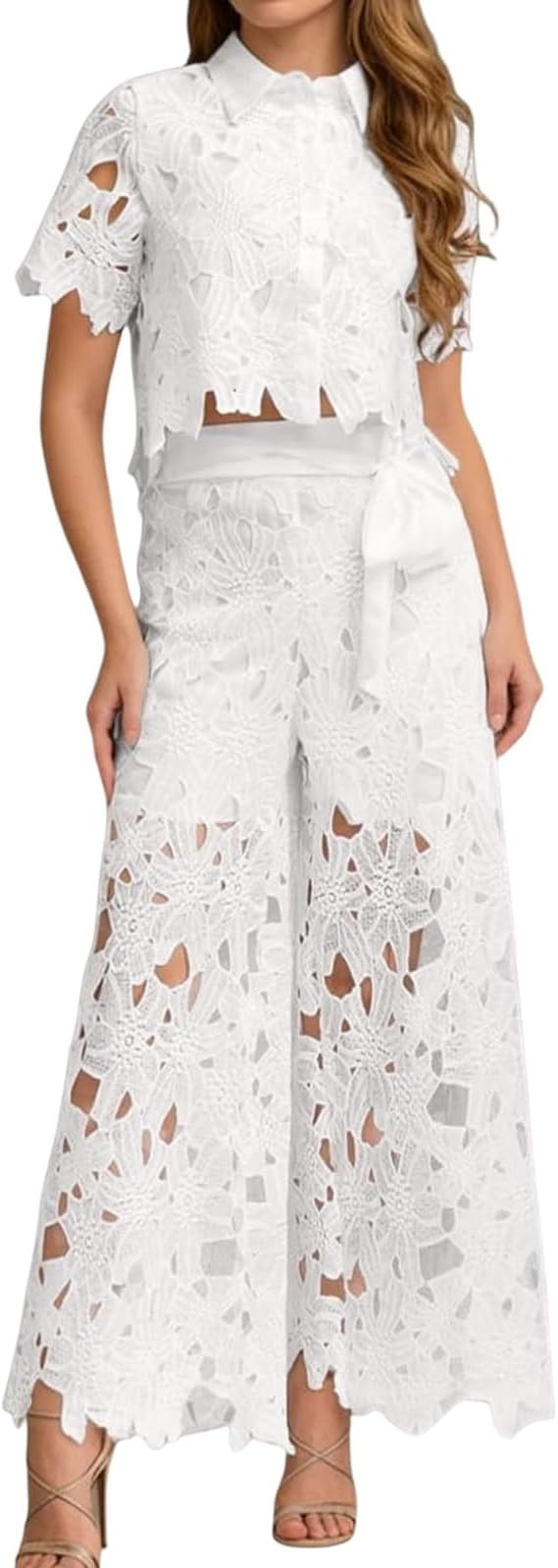 Two Piece Lace Outfits For Women,Floral Sleeveless Collared Crop Top And Wide Leg Pants,Dressy Ca... | Amazon (US)