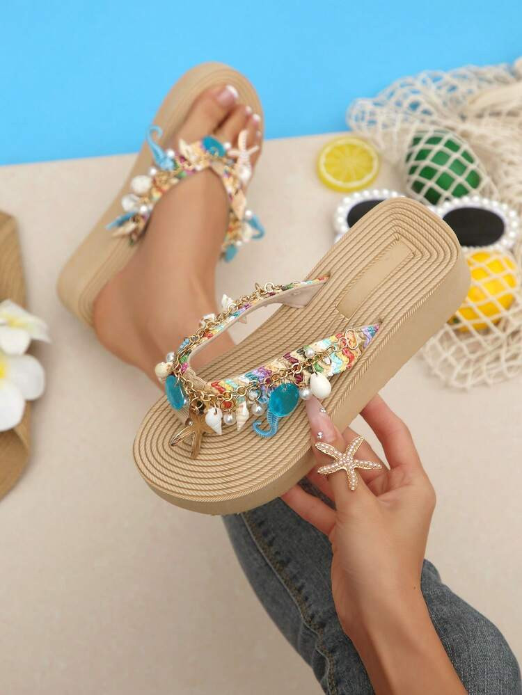 Spring/Summer EVA Vacation Bohemian Platform Wedge Slippers, Beach Resort Shell Chain Decor Women... | SHEIN