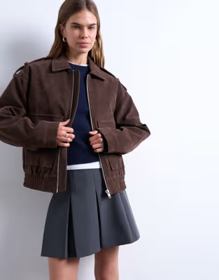 Faux suede quilted lined bomber jacket with popper details in chocolate | Topshop
