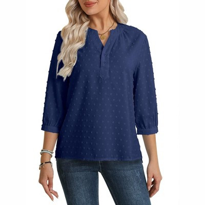 Nlife Women's Solid Color Henley V Neck Button Down Swiss Dots 3/4 Sleeve Casual Blouse Navy L | Target