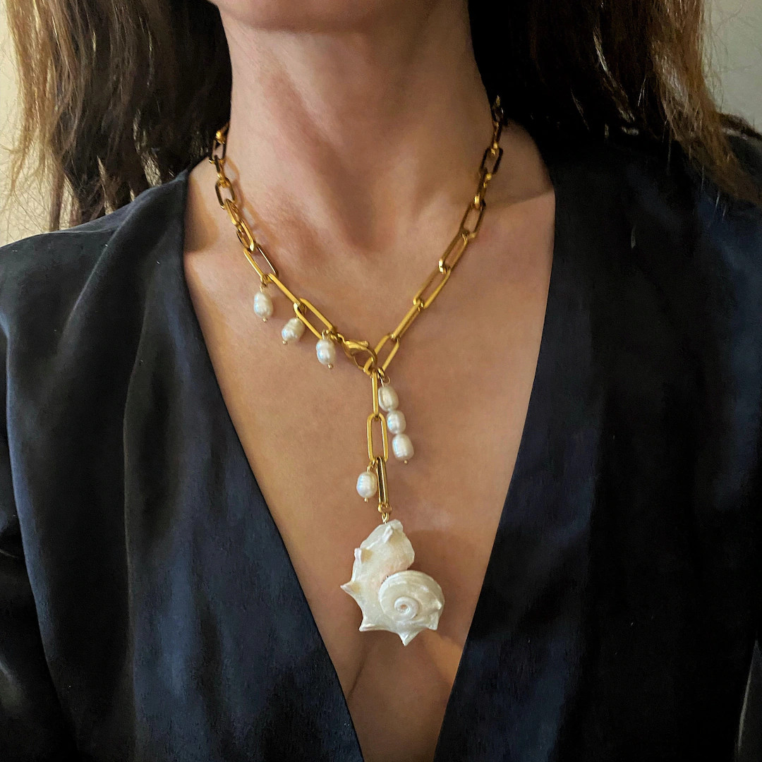 shell pendant necklace, large y lariat necklace, natural seashell necklace, puff shell necklace, ... | Etsy (US)