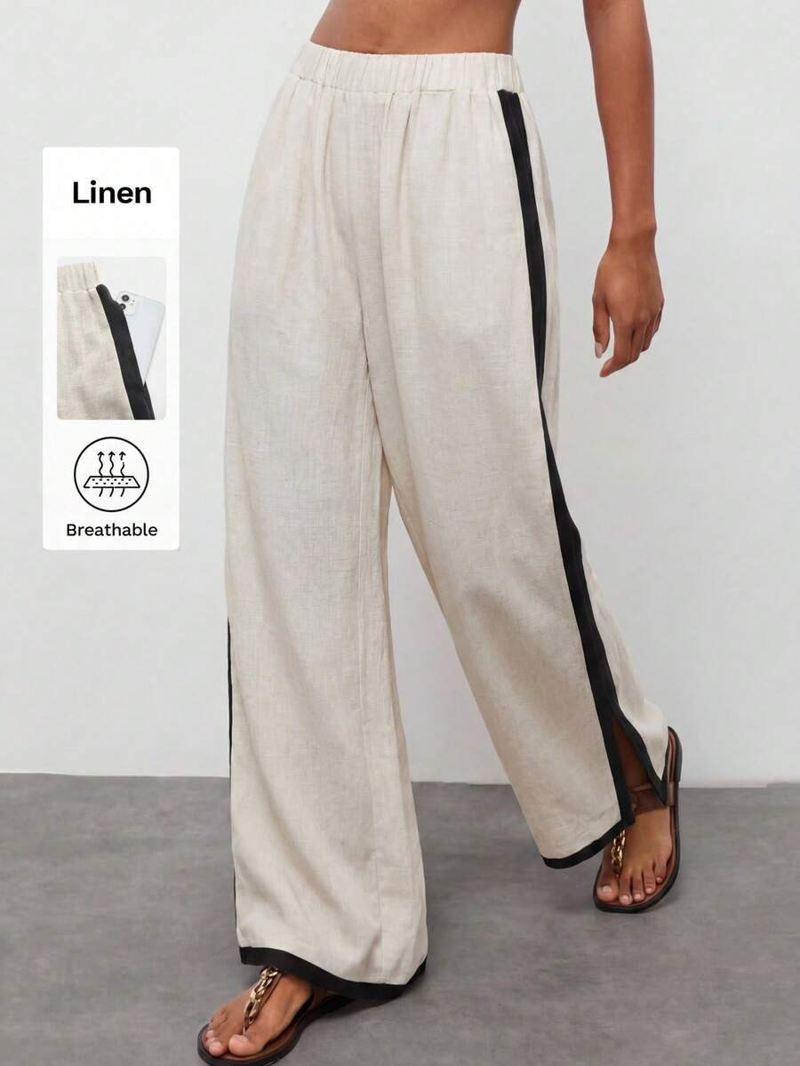 Maija Women's Long Black And White Casual Pants Straight Leg Woven Fabric With Stylish Colorblock... | SHEIN