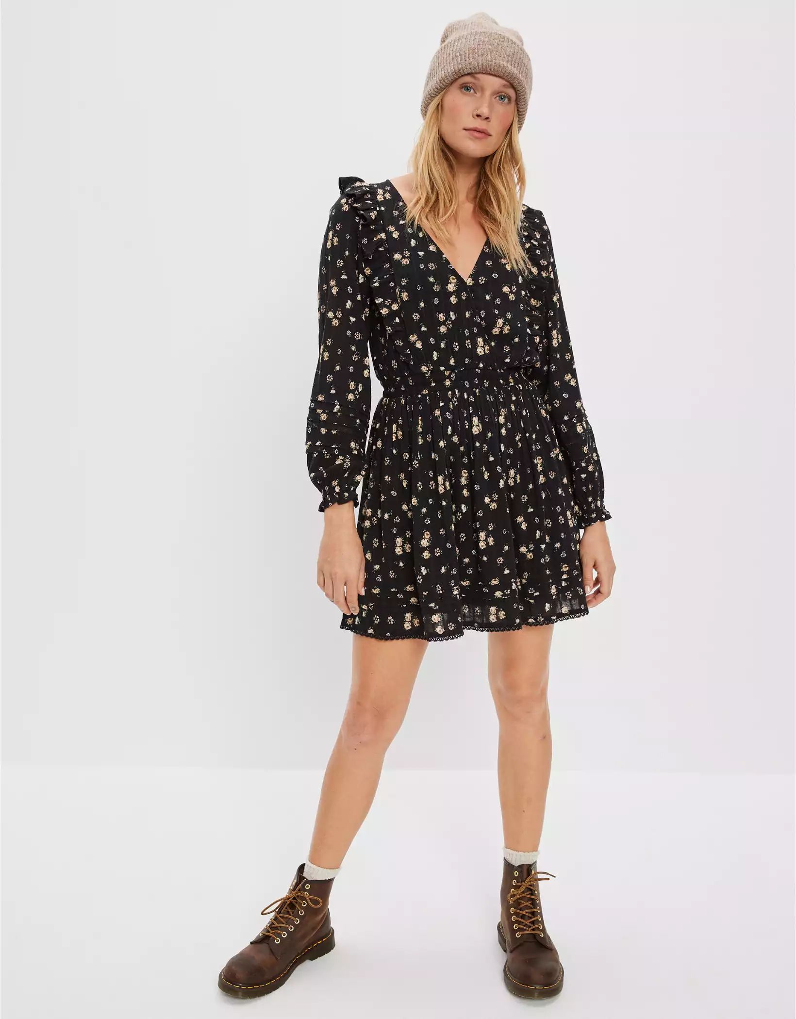 AE Ruffle Wrap-Front Floral Mini Dress | American Eagle Outfitters (US & CA)