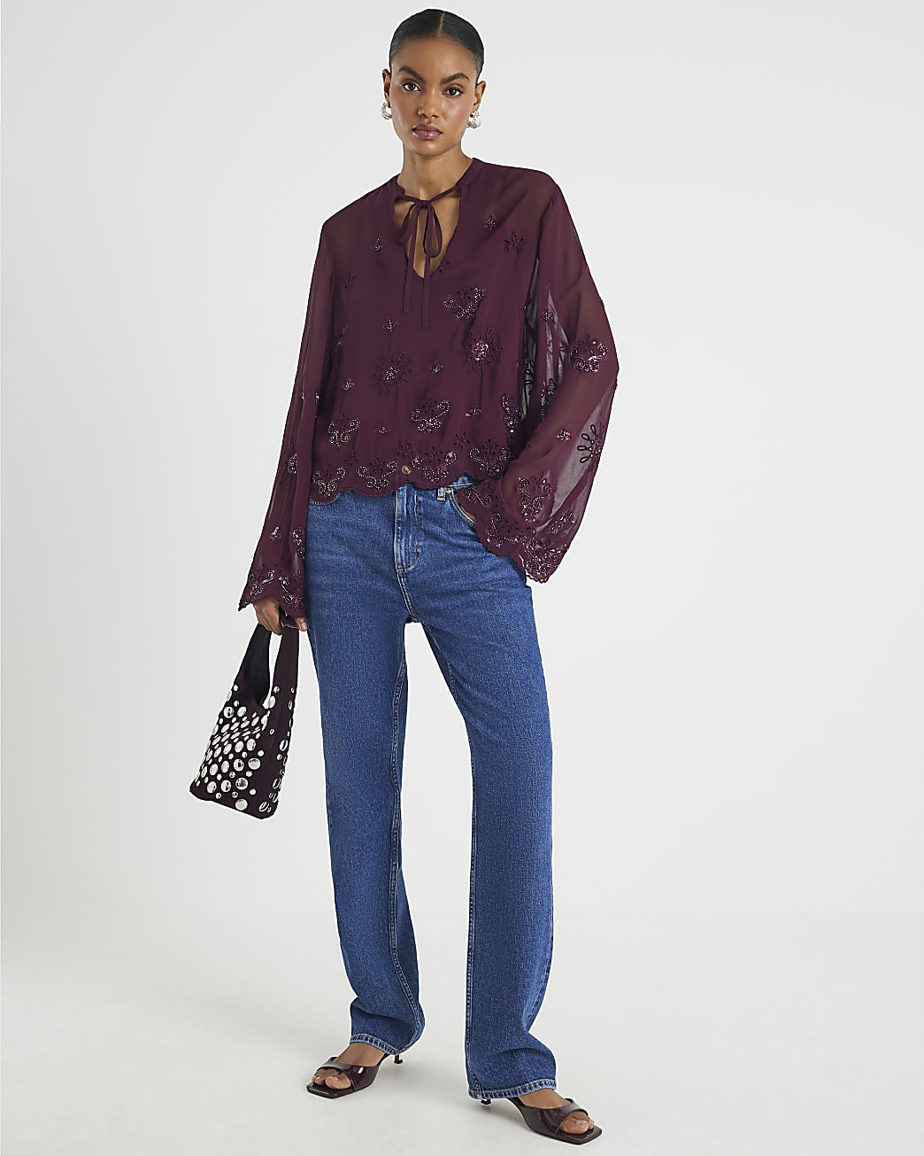 Red Chiffon Embellished Cutwork Blouse | River Island UK & IE