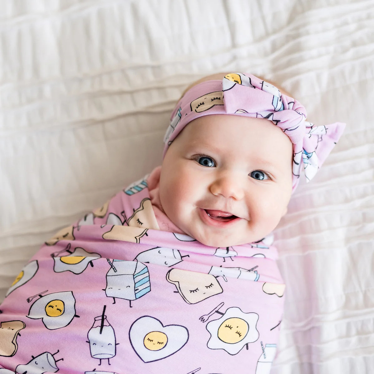 Pink Breakfast Buddies Bamboo Viscose Swaddle + Headband Set | Little Sleepies