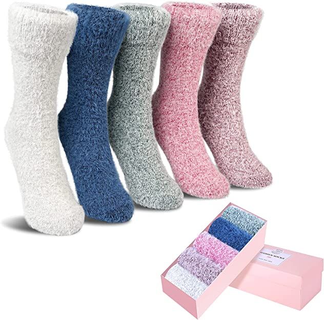 5 Pack Women Thick Soft Warm Fuzzy Socks Winter Wool Fluffy Cozy Socks Casual Home Sleep Socks wi... | Amazon (US)