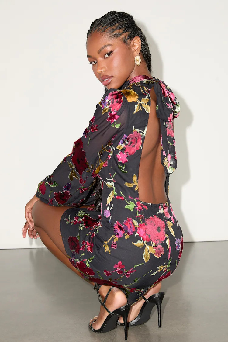 Retina Black Floral Burnout Velvet Backless Mini Dress | Lulus