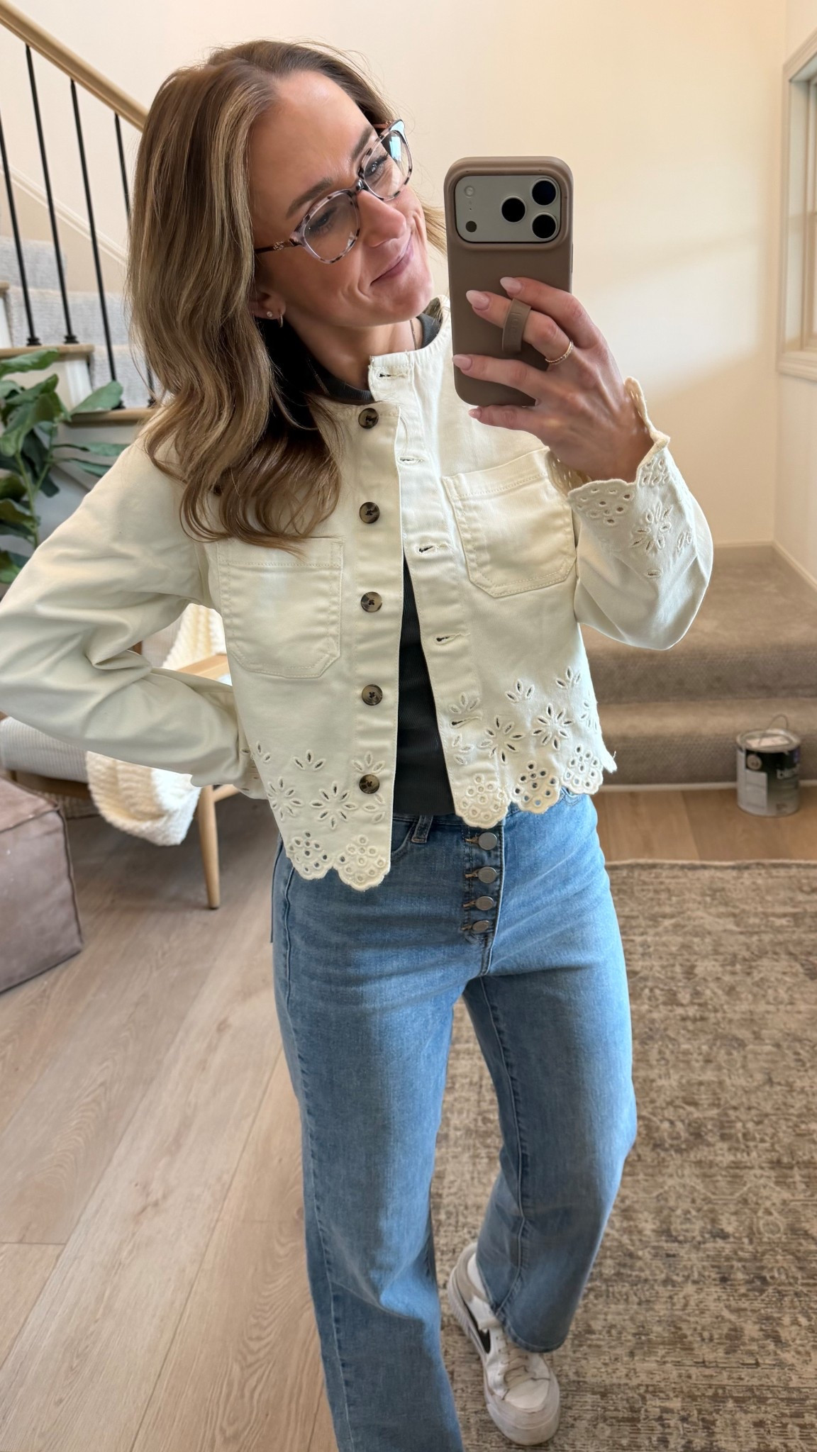 The cutest Jean jacket ever with scallop edges is back in stock!!! Wearing XS 