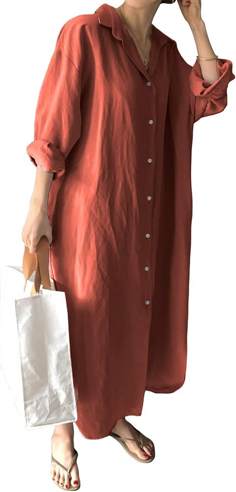 GGUHHU Womens Chic Button Down Rolled-Up Sleeve Long Cotton Blouse Maxi Dress | Amazon (US)