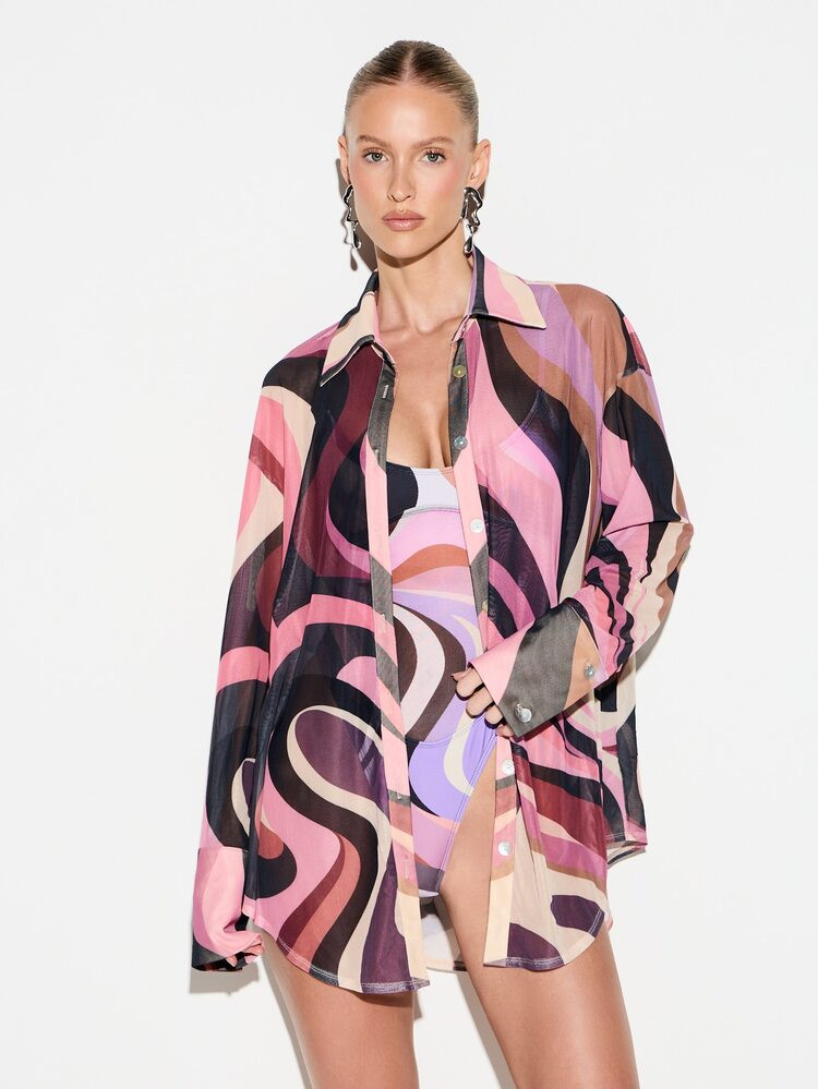 KIZN Women's Swirl Print Mesh Beach Button Down Shirt Long Sleeve Oversized Sheer Cover Up Vacati... | SHEIN